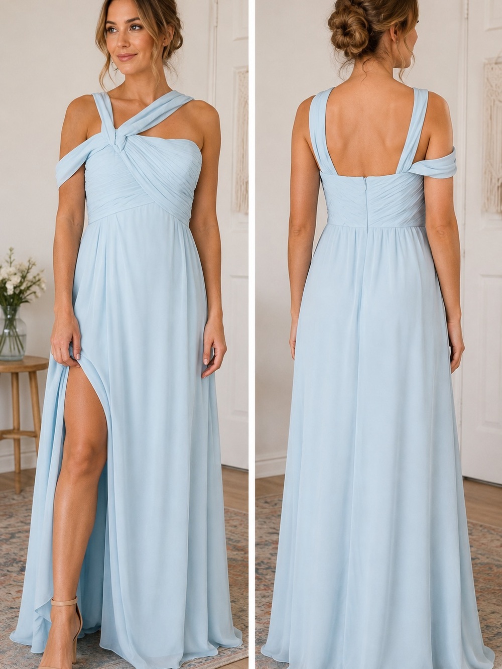 Azazie One Shoulder Chiffon Dress Dusty Blue Twist Knot Sz 12 EUC #401